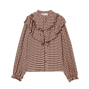 Women's burgundy plaid long sleeve shirt with tiered ruffle details and button closure