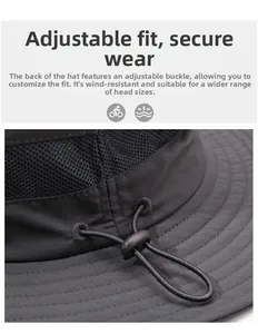 Detail view of the adjustable drawstring buckle and breathable mesh on the outdoor sun hat