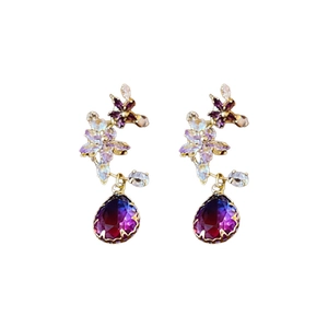 Elegant floral drop earrings with purple crystals and sparkling diamonds in gold finish