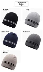 Detail view of five colors of winter knit beanies including black, grey, and navy blue