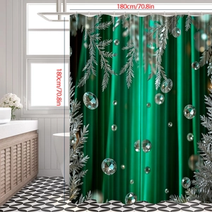 Detail view of emerald green Christmas shower curtain with silver pine branches and jewels