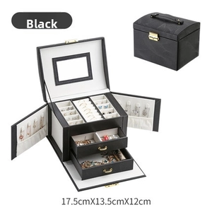 Internal details of black PU leather jewelry box with mirrors and velvet drawers