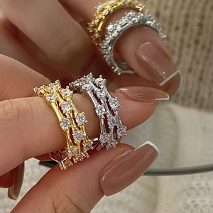 Elegant Zircon Ring For Women Copper Multi Layer Micro Pave Sparkling Adjustable Open Finger Jewelry Minimalist
