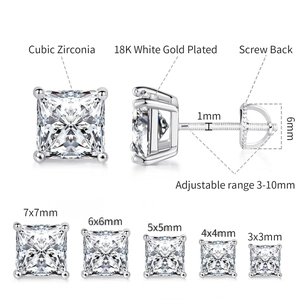 Square cubic zirconia stud earrings in 18K white gold plating with screw back design