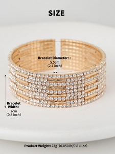 Detailed size specifications for wide gold rhinestone and pearl stretch bracelet