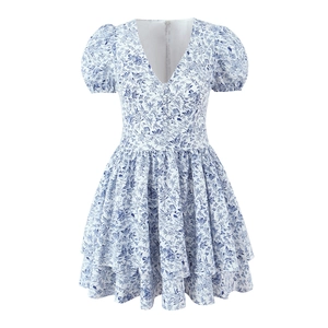 Floral Mini Dress Polyester V-Neck Puff Sleeve French Style Vacation Summer Blue White For Women