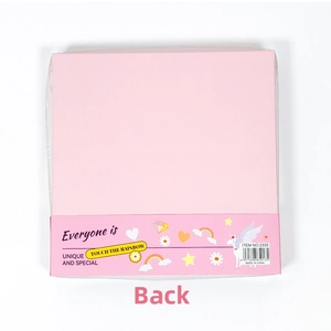 Pink gift box back view with unicorn and rainbow illustrations for A5 plush notebook set