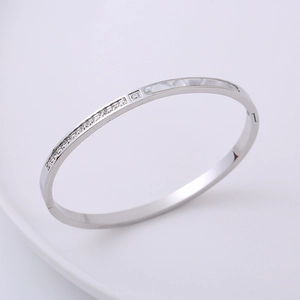Detailed view of silver stainless steel bangle with shell inlay and cubic zirconia stones