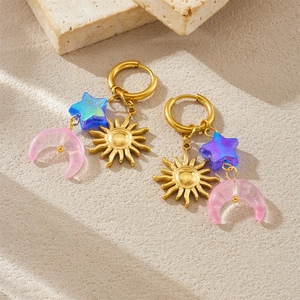 Gold-plated stainless steel hoop earrings with colorful sun star and moon charms