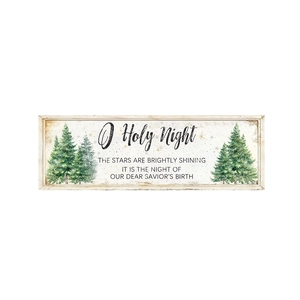 Detail of wooden Christmas sign featuring O Holy Night text and watercolor pine trees