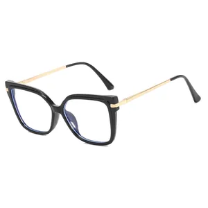 Women's square cat-eye anti-blue light glasses with black TR90 frame and gold metal temples