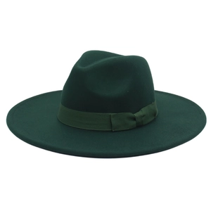 Detail of elegant dark green wool felt fedora hat featuring a matching grosgrain bow ribbon