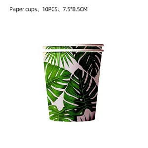 Detailed view of 10-piece tropical palm leaf paper cups with vibrant monstera leaf design