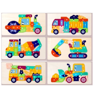Set of 6 wooden construction vehicle puzzles with numbered pieces for early learning