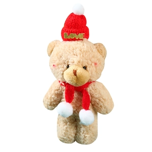 Cute teddy bear plush pendant with red knit hat and scarf for Christmas decoration