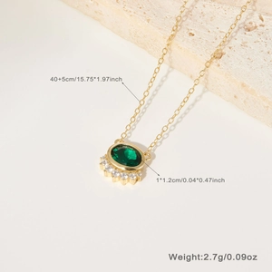 Detail shot of green zircon pendant necklace with measurements and product weight