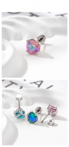Macro detail of aurora multi-colored rose cut crystal stud earrings with screw backs