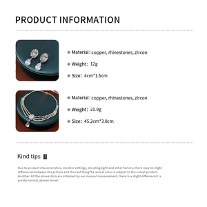 Detailed product information with dimensions for rhinestone zircon jewelry set