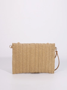 Beige straw woven clutch bag with tassel and crossbody strap for women fashion