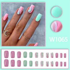 Short square press-on nails in pink and mint green wavy design, 24-piece full set