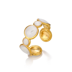Gold plated stainless steel adjustable geometric ring with five white enamel dots