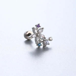 Titanium steel flower cartilage stud with marquise zircon and pearl in silver finish