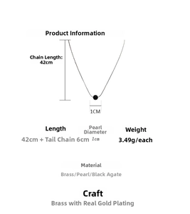 Detailed size specifications for the black agate and pearl necklace with dimensions