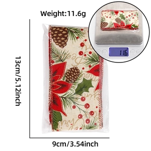 Beige faux linen Christmas ribbon with pine cone print, size 13cm x 9cm, weight 11.6g