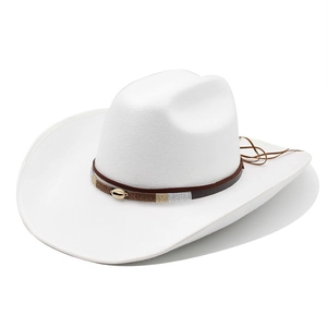 White felt western cowboy hat with brown leather band and gold shell ornament