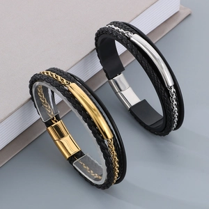 Multilayer braided microfiber leather bracelets with gold and silver magnetic clasps