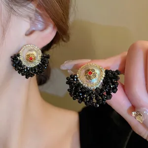 Vintage Flower Stud Earrings With 925 Sterling Silver Earring Post Black Crystal Beads Imitation Artificial Pearl French Baroque Style