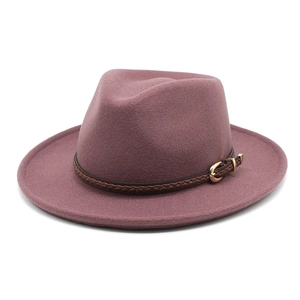 Classic wool felt fedora in dusty rose with braided leather band and gold buckle detail
