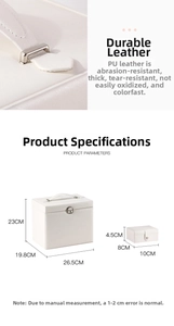 Size chart for white PU leather jewelry box with handle and metal lock details