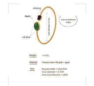 Detailed size chart of the 18K gold plated titanium steel agate open bangle with measurements