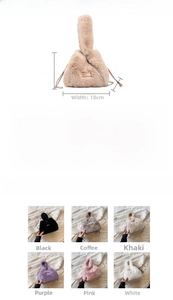 Detail view of plush faux fur bucket bag with metal chain strap and size measurements