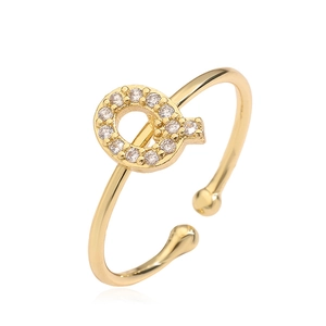 Detail of adjustable gold ring featuring a cubic zirconia inlaid letter Q design