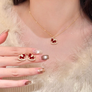 Rocking Horse Pendant Necklace And Earrings Red Enamel Zircon With Silver Earring Post Gold Plated Animal Jewelry For Women