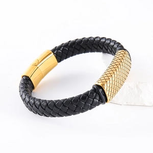 Men's braided black leather bracelet with golden stainless steel clasp on white stones