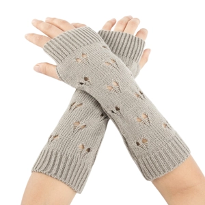 Knitted grey fingerless arm warmers with hollow heart pattern for autumn and winter