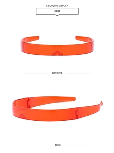 Front and side views of red transparent cyberpunk wrap around sunglasses in punk style