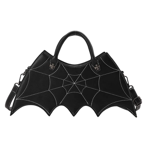 Gothic bat-shaped black PU leather handbag with white spiderweb stitching and crosses