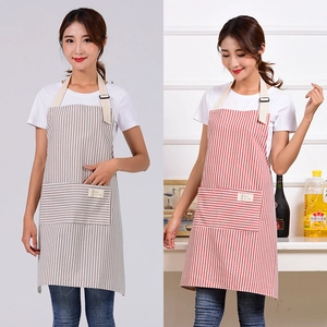 Breathable linen apron with vertical stripes and large pocket for kitchen work