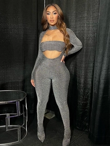 Silver Sparkly Hollow Out Jumpsuit High Neck Long Sleeve Slim Fit Glitter Stretchy Catsuit For Women Clubwear
