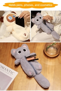 Detail view of plush cat pencil case with soft texture and smooth zipper closure system