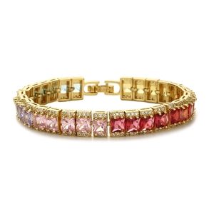 Elegant gold bracelet featuring rectangular pink gradient crystals with micro pave accents