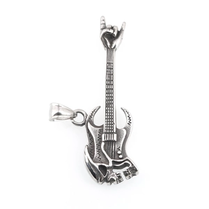 Hip hop silver titanium steel guitar necklace with skull and rock gesture pendant