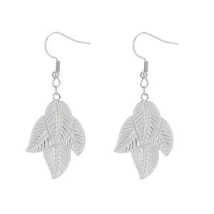 Minimalist silver leaf stainless steel drop earrings featuring natural veined texture