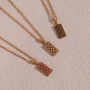 Golden rope chain necklaces with rectangular maze pendants and multicolor zircons