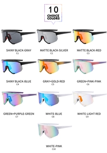 Matrix display of ten multi-color aerodynamic sports sunglasses with panoramic windproof lenses