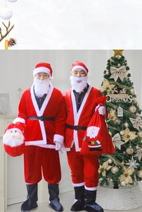 Classic red velvet Santa Claus costume set with hat, beard, belt, and gift bags for adults